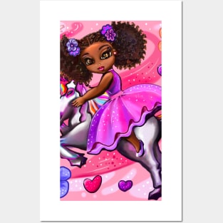 Curly hair Princess on a unicorn pony 3 - black girl with curly afro hair on a horse. Black princess Posters and Art